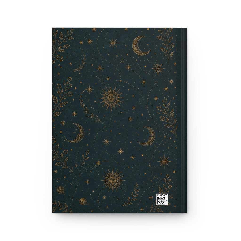 Sun and Moon journal styled on a wooden desk with coffee and pen, flat lay