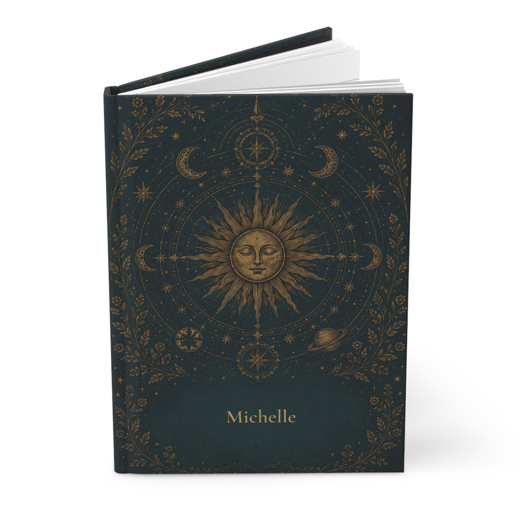 Close-up of the Sun and Moon journal cover showing gold sun illustration and personalized name