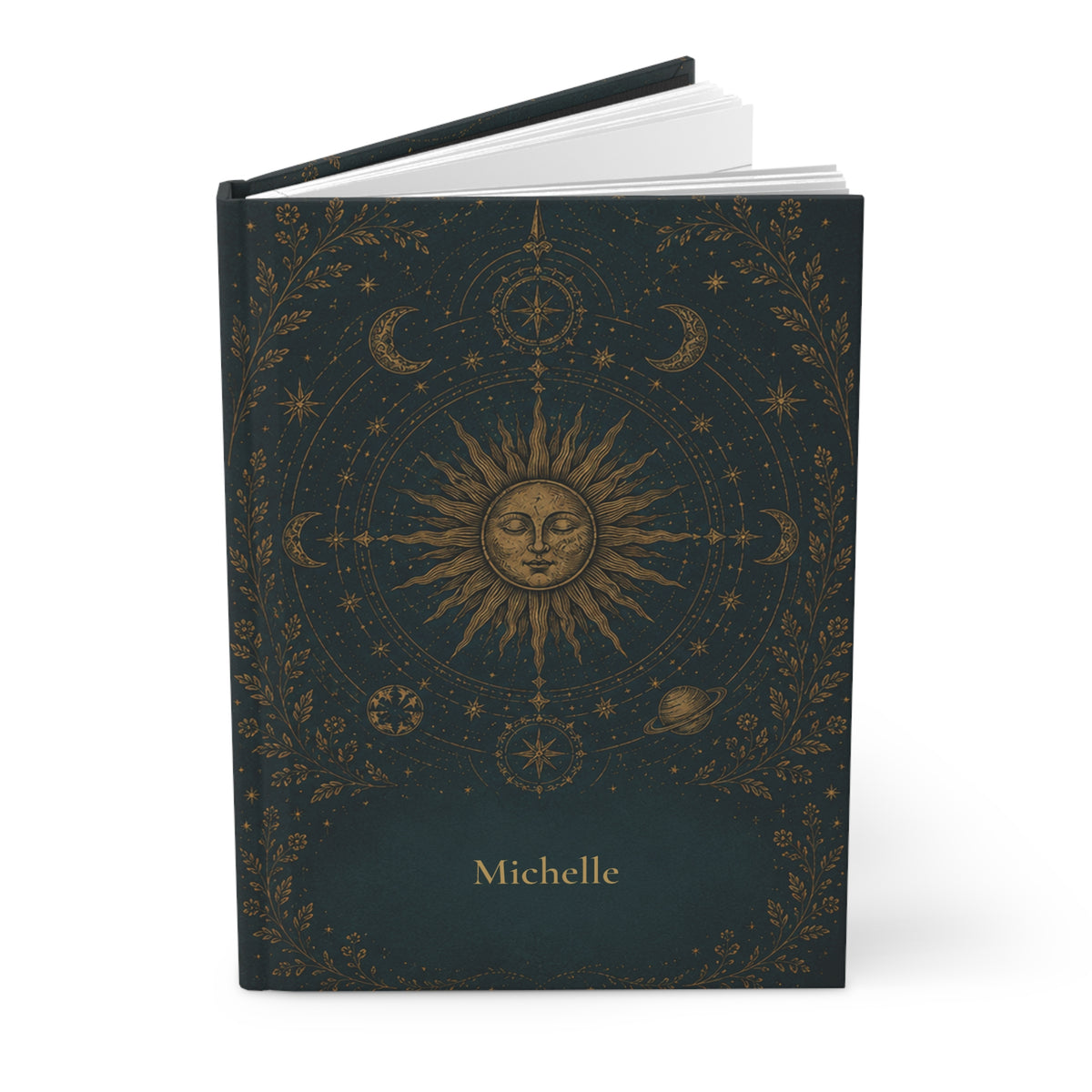 Close-up of the Sun and Moon journal cover showing gold sun illustration and personalized name