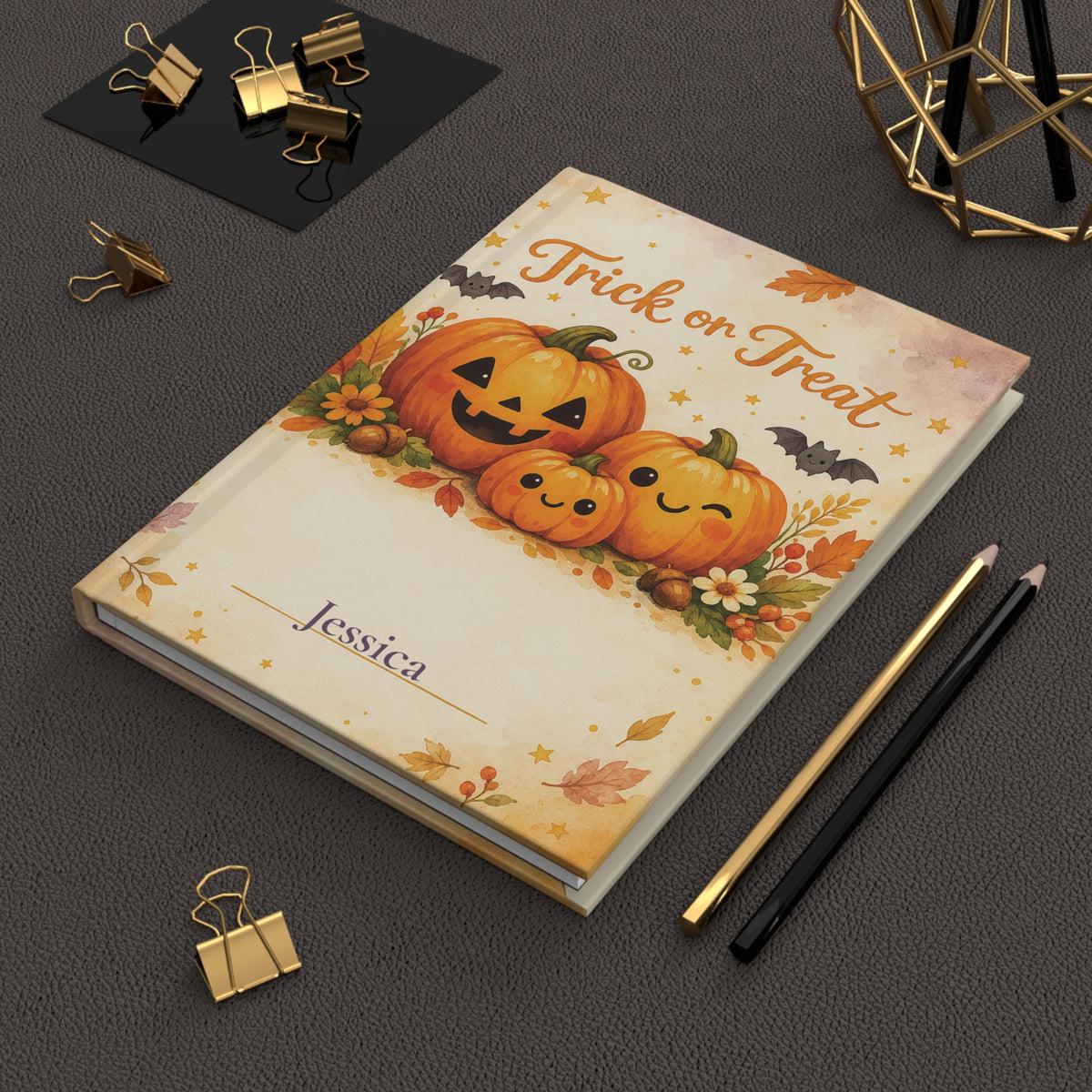 Open Trick or Treat journal showing blank lined pages inside