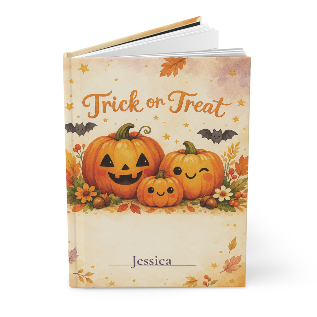 Close-up of the Trick or Treat journal cover showing pumpkin illustration and personalized name