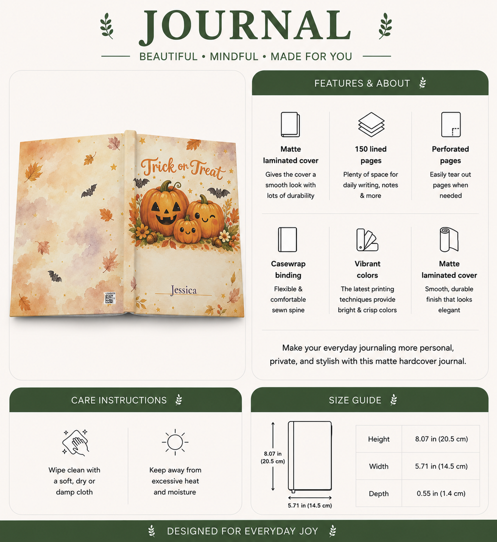Trick or Treat personalized journal styled with autumn leaves and pumpkins as a seasonal gift