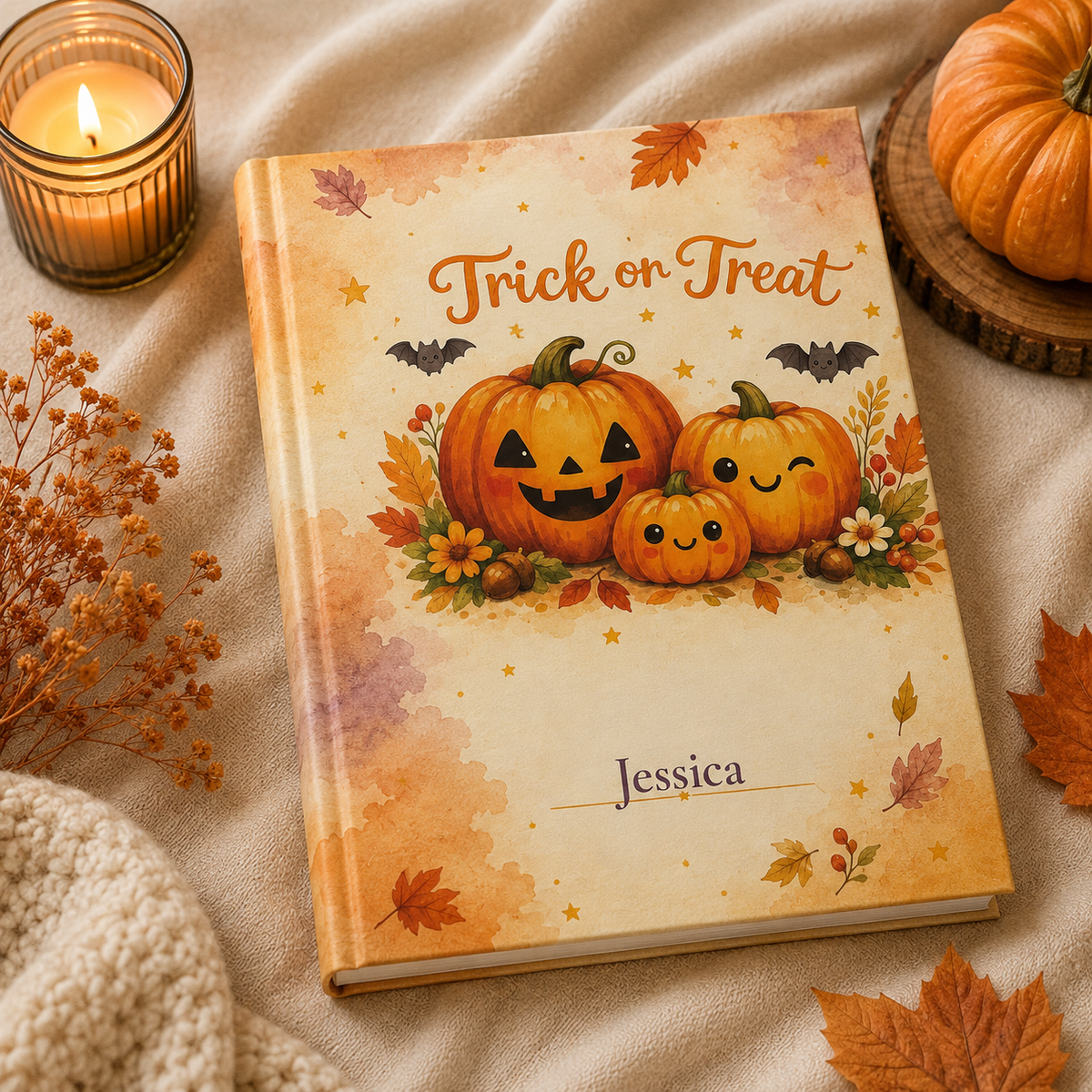 Closed Trick or Treat hardcover journal standing upright showing the spine