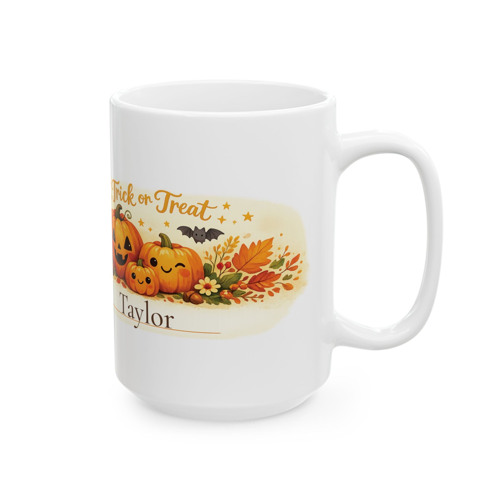 Close-up of the pumpkin and bat design on the Halloween mug