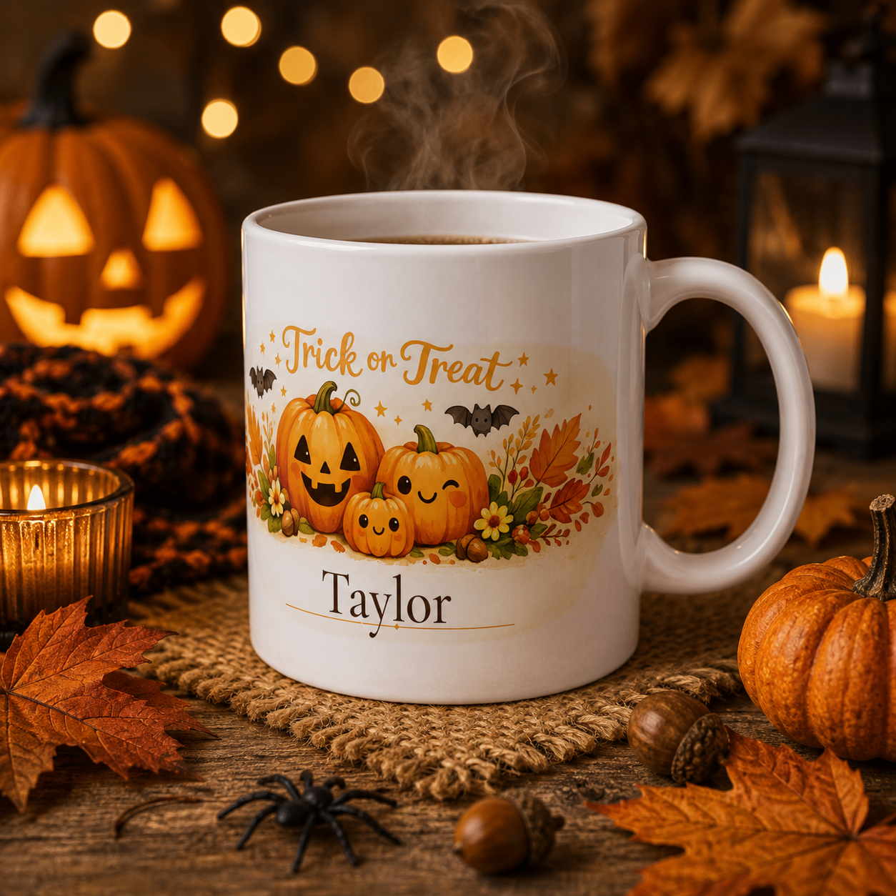 Trick or Treat mug displayed on a table with autumn decor