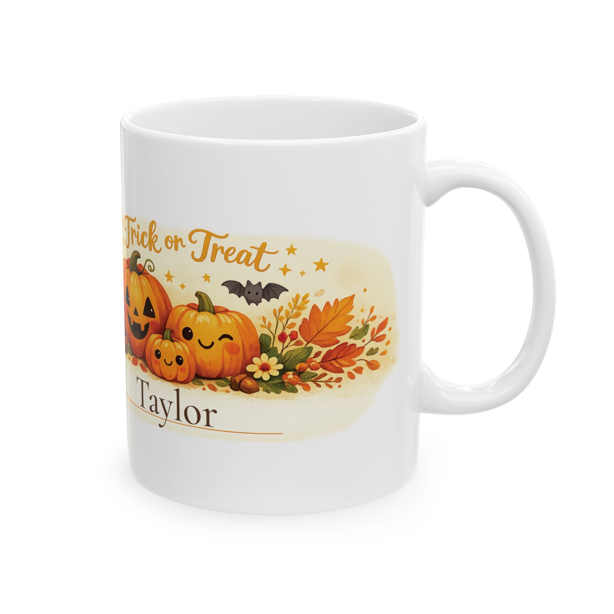 Trick or Treat personalized Halloween mug with cute pumpkin design and custom name