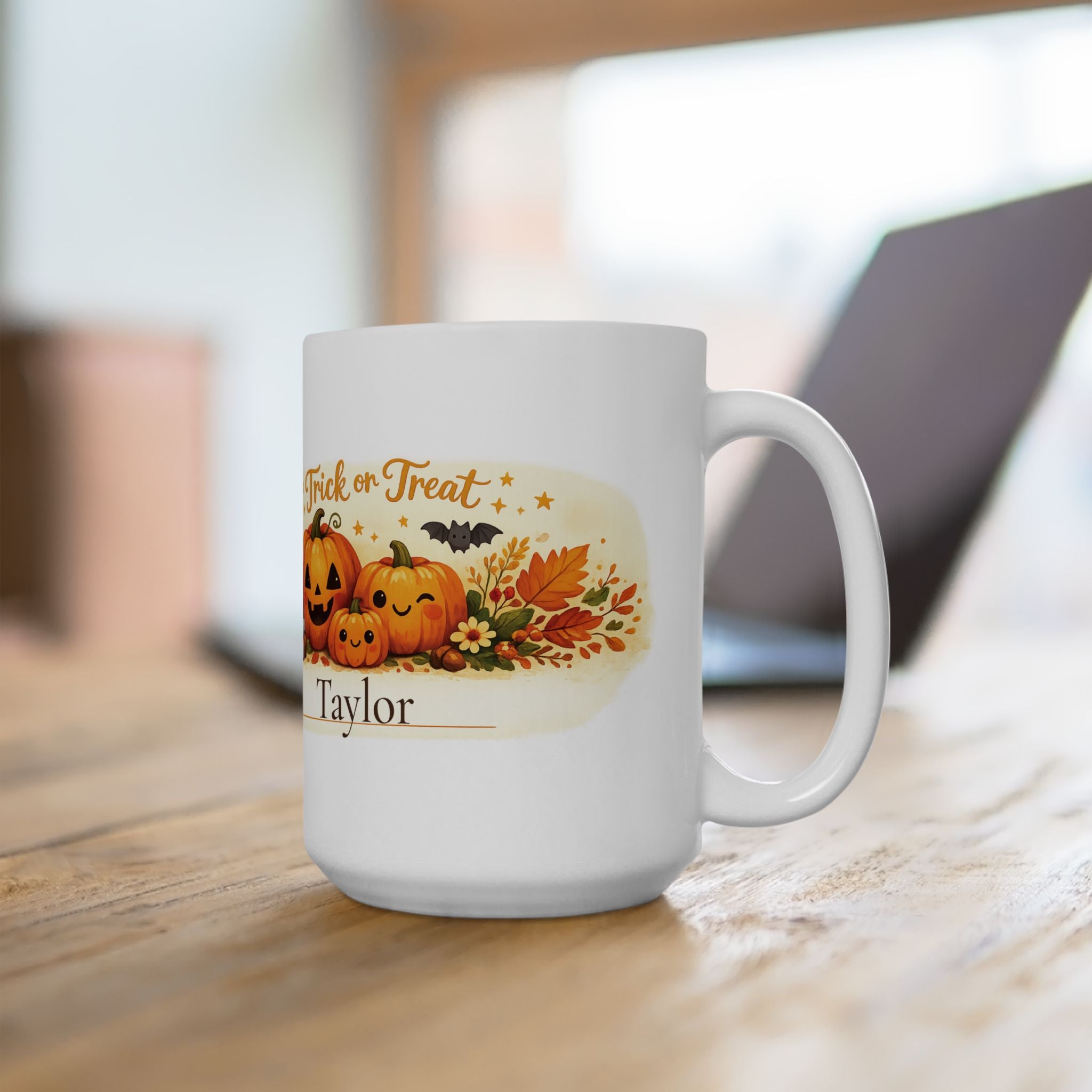 Trick or Treat mug displayed on a shelf