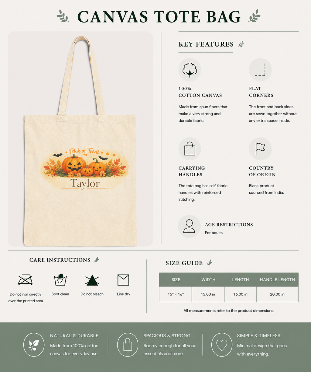 Trick or Treat personalized tote bag folded flat lay