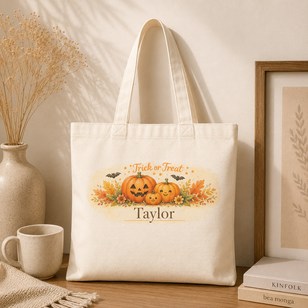 Trick or Treat personalized tote carried over the shoulder, lifestyle shot