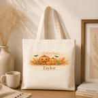 Trick or Treat personalized tote carried over the shoulder, lifestyle shot