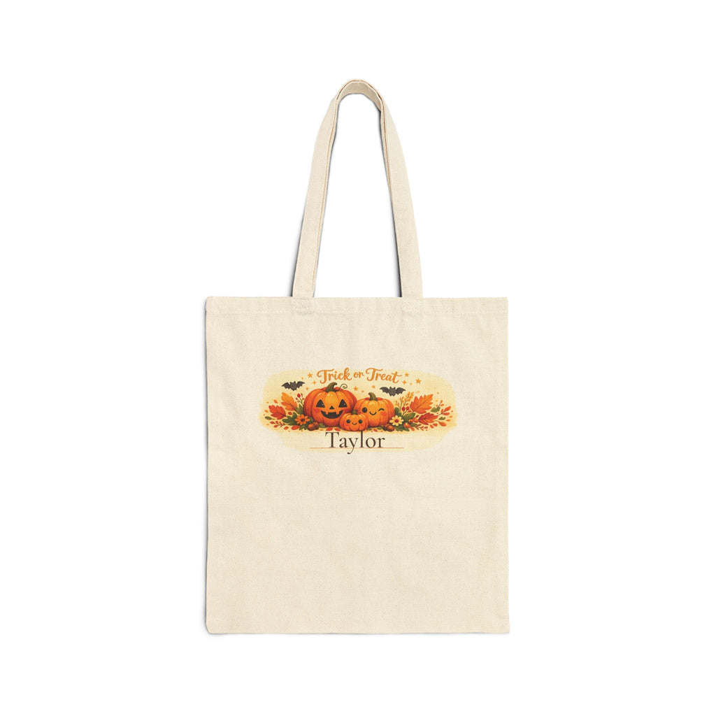 Personalized Trick or Treat pumpkin canvas tote bag with custom name