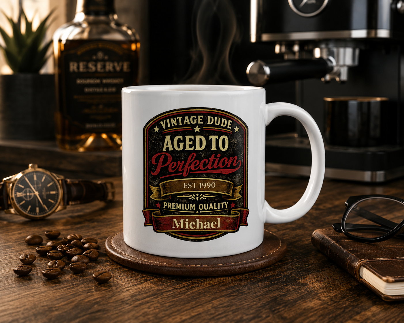 Vintage Dude mug displayed in a man cave lifestyle setting