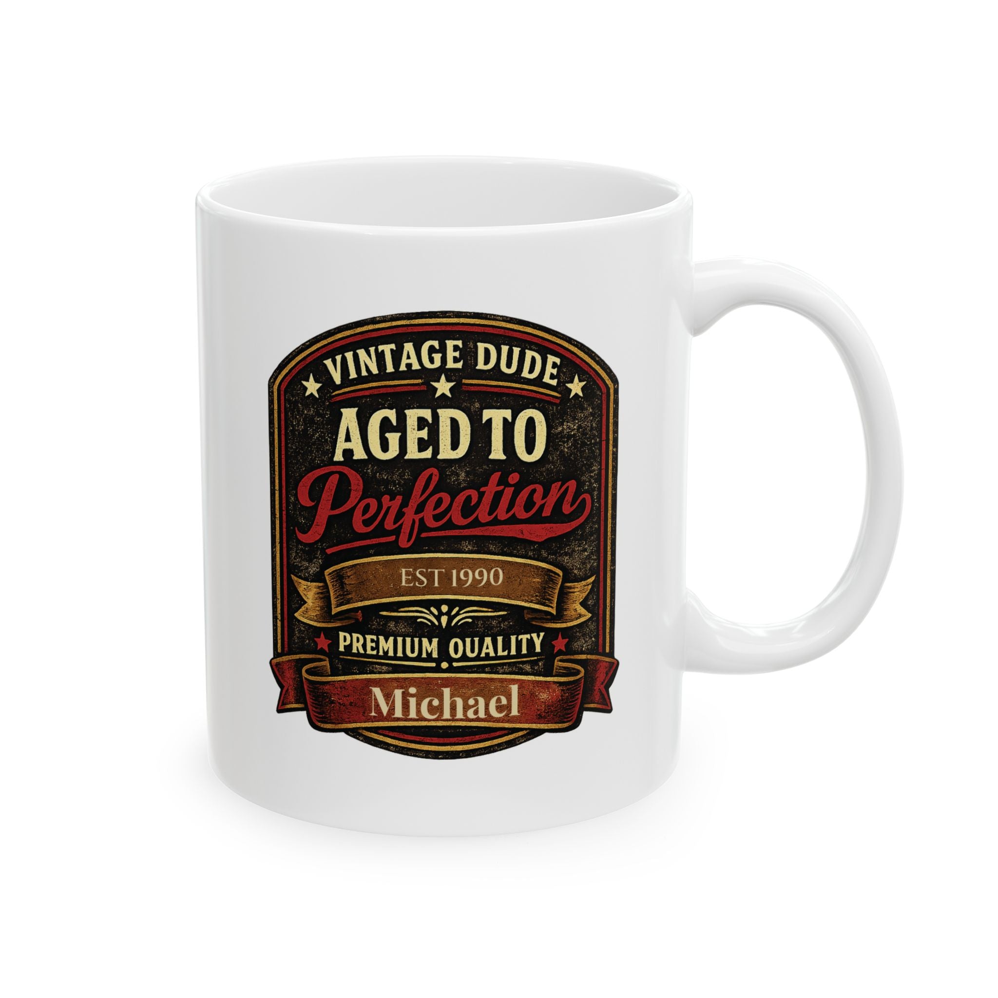 Personalized Vintage Dude Aged to Perfection birthday mug with distressed label design
