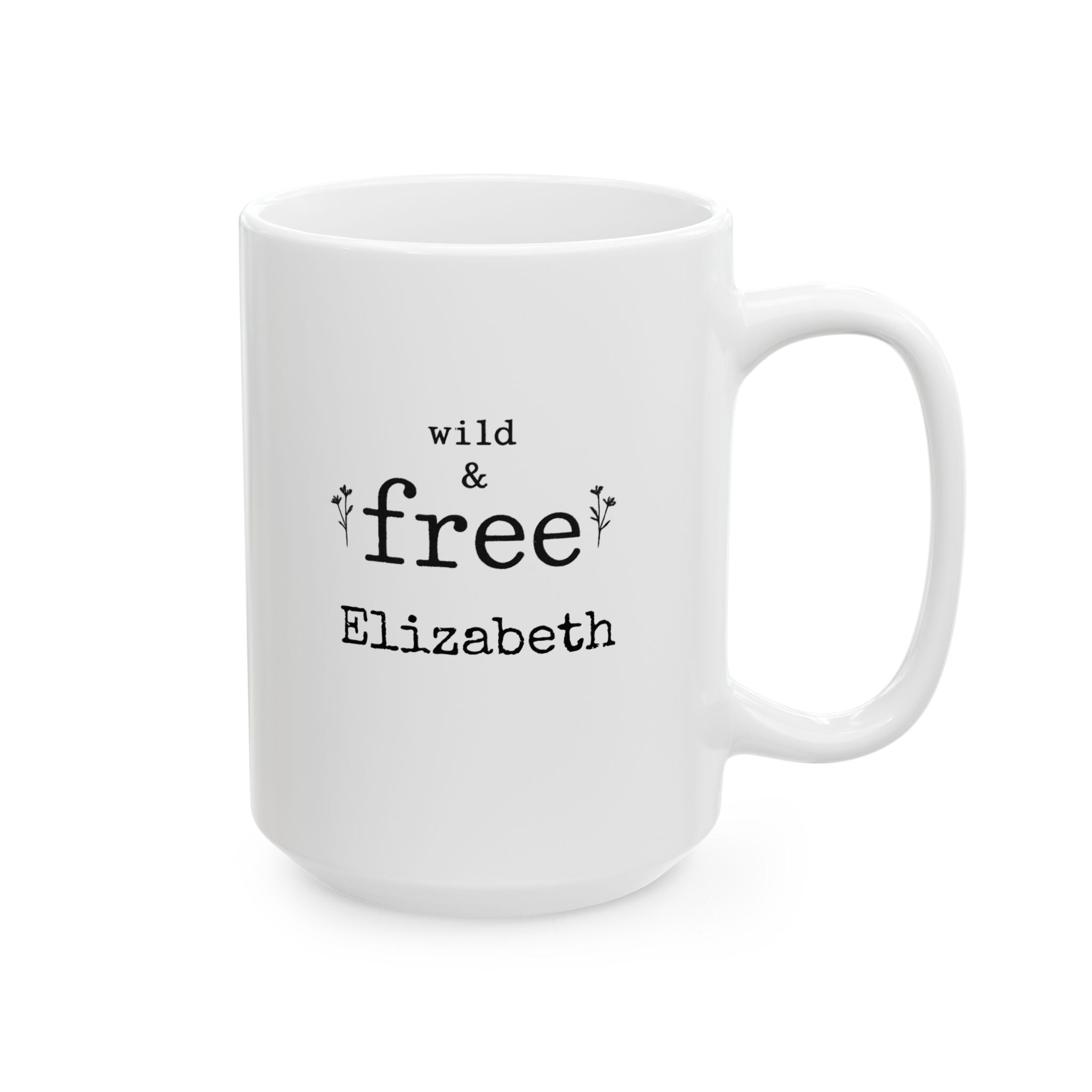 Close-up of the floral sprig accents and typography on the mug