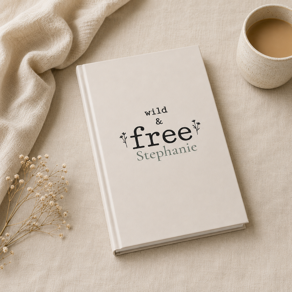 Closed Wild & Free hardcover journal standing upright showing the spine