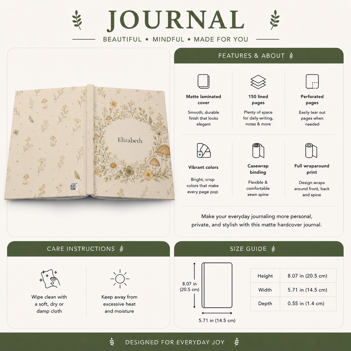 Wildflower and Mushroom personalized journal on a bedside table as part of an evening routine