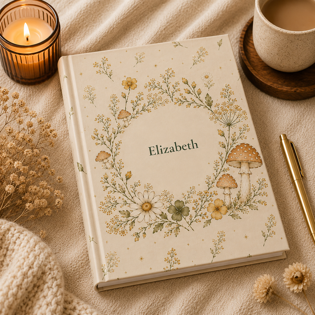 Closed Wildflower and Mushroom hardcover journal standing upright showing the spine