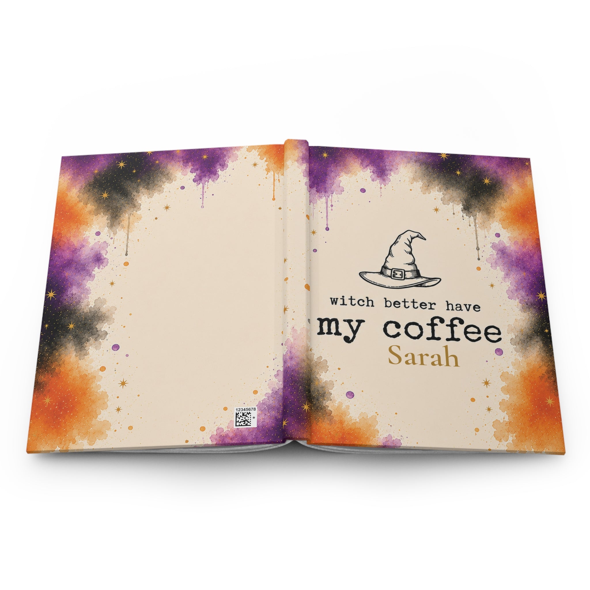 Back cover of the Witch Better Have My Coffee journal showing the discreet production barcode