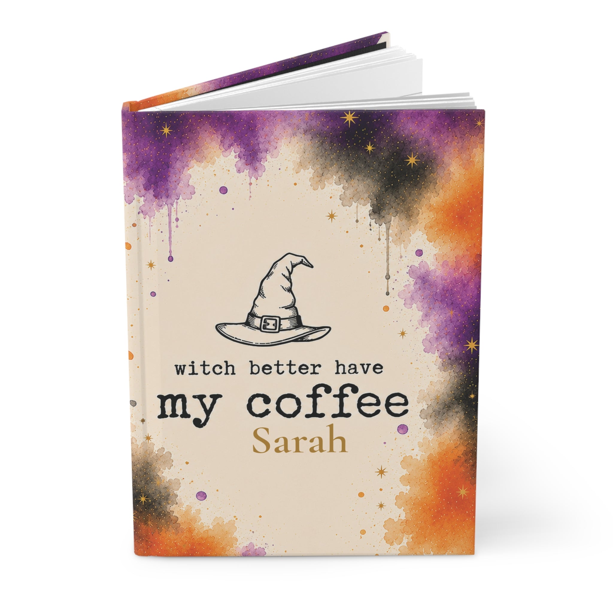 Close-up of the Witch Better Have My Coffee journal cover showing witch hat illustration and personalized name