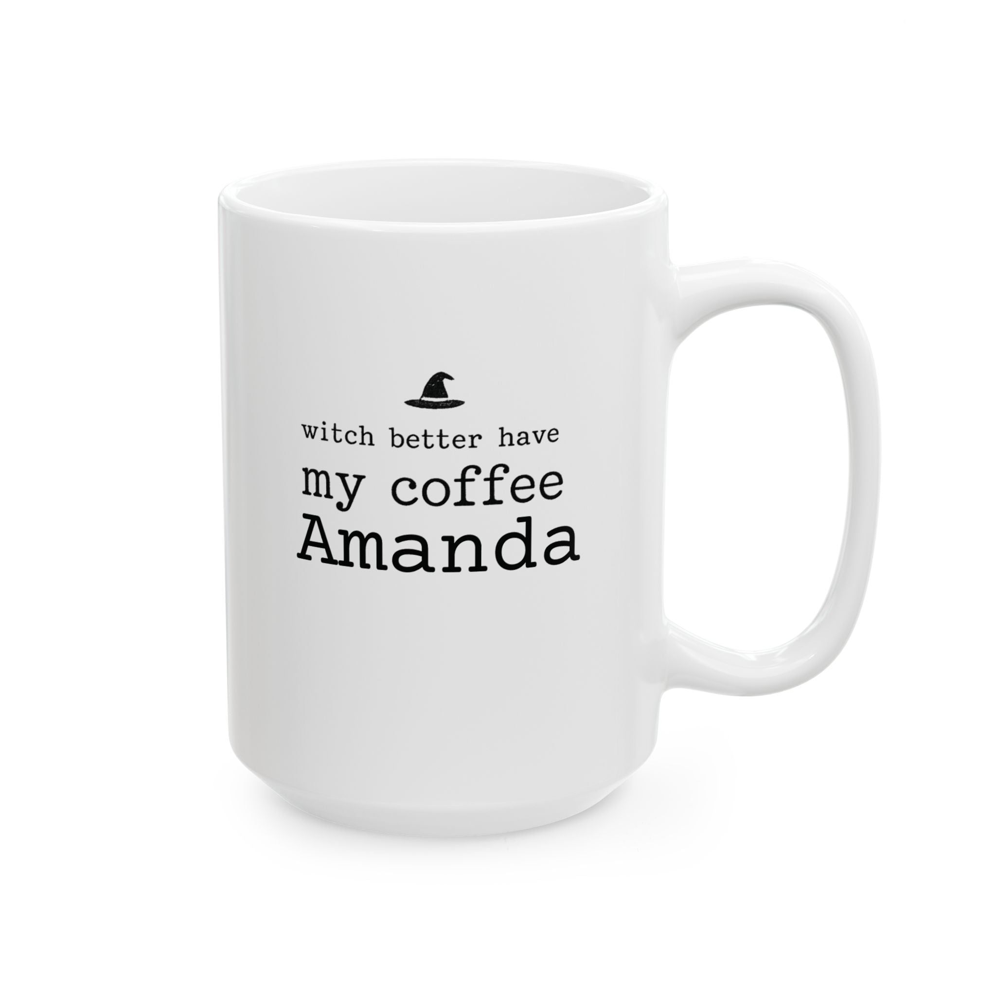 Close-up of the witch hat icon and typography on the coffee mug