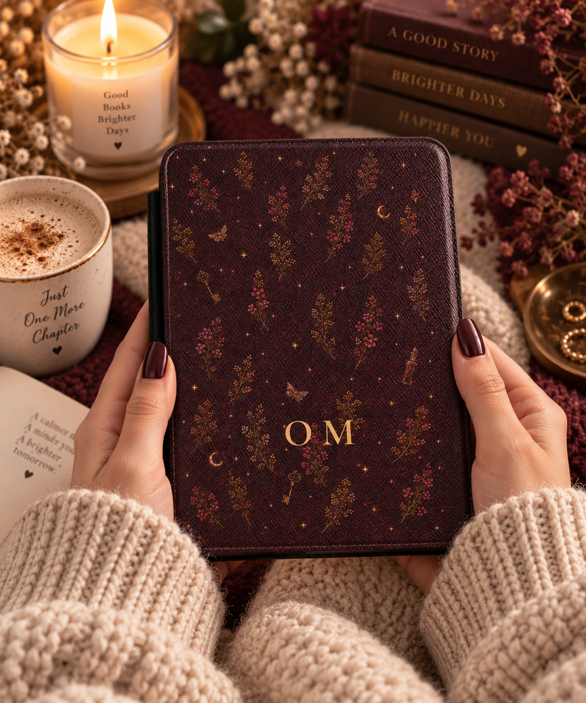 Witchy monogram Kindle case open showing soft fabric interior lining