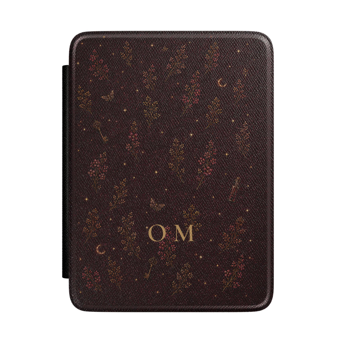 Witchy floral Kindle case with monogram, moth and key details on merlot background