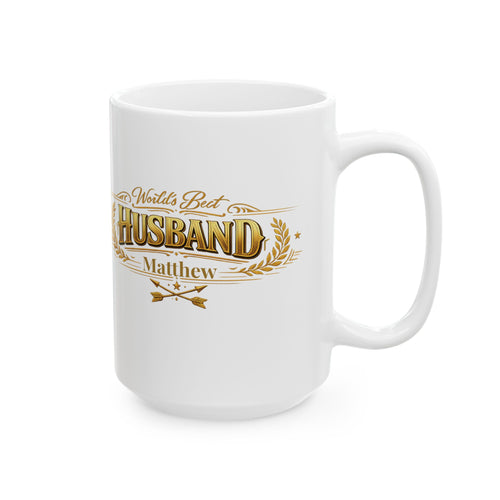 Close-up of gold lettering and laurel wreath on the husband mug