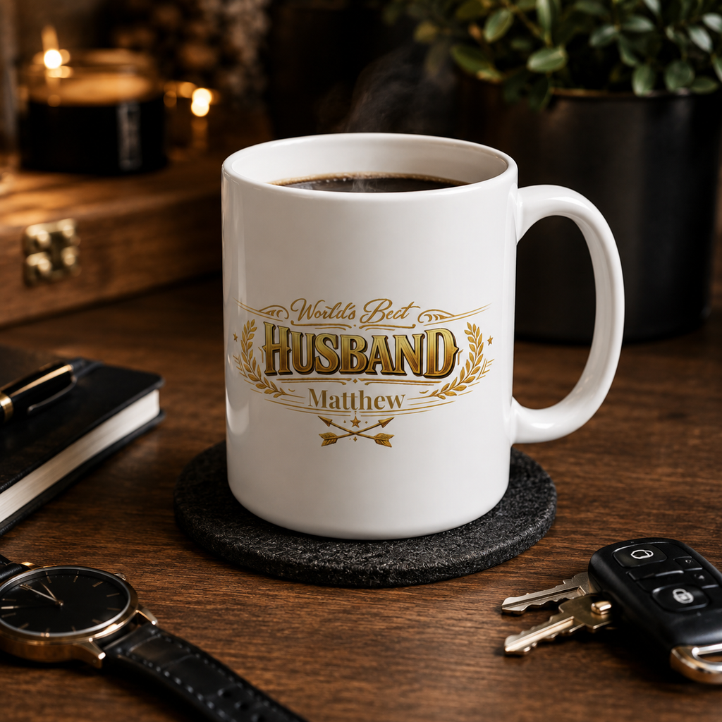 World's Best Husband mug displayed on a kitchen counter