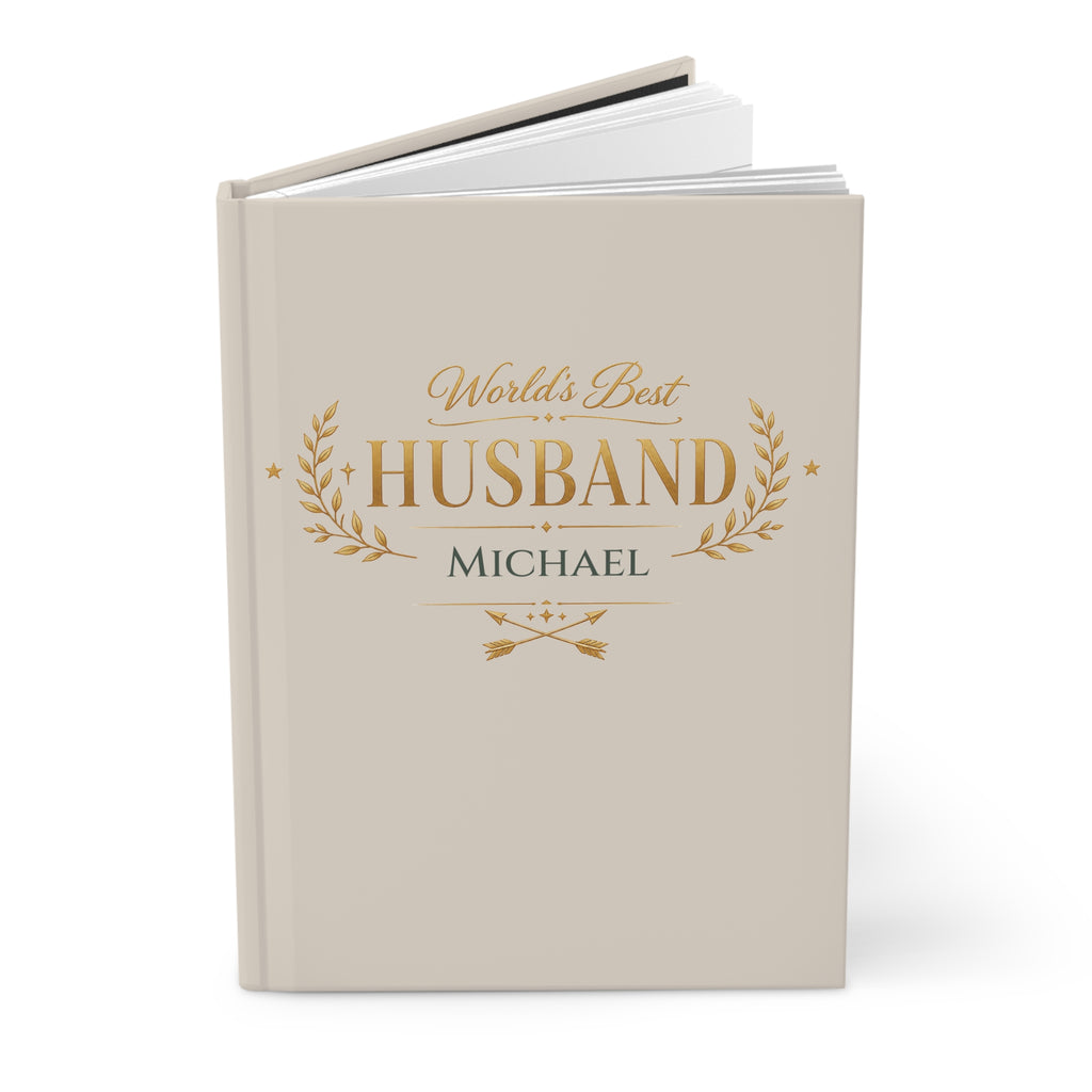 Close-up of the World's Best Husband journal cover showing gold laurel wreath and personalized name