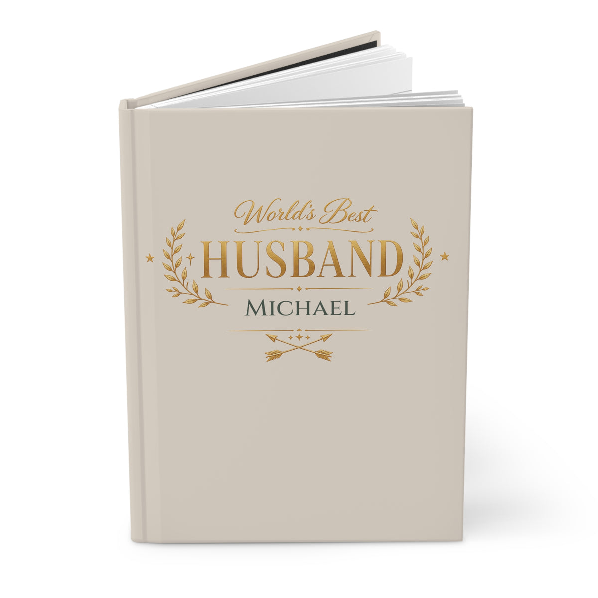 Close-up of the World's Best Husband journal cover showing gold laurel wreath and personalized name
