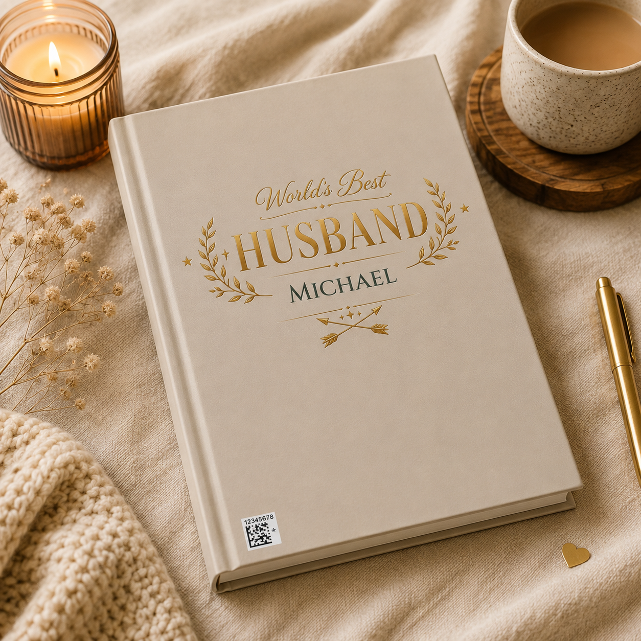 Closed World's Best Husband hardcover journal standing upright showing the spine