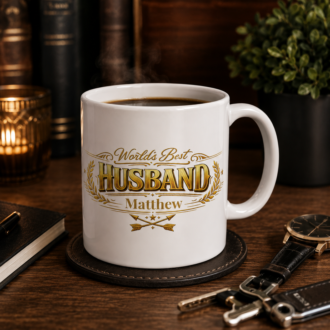 Personalized husband mug displayed in a cozy home lifestyle setting