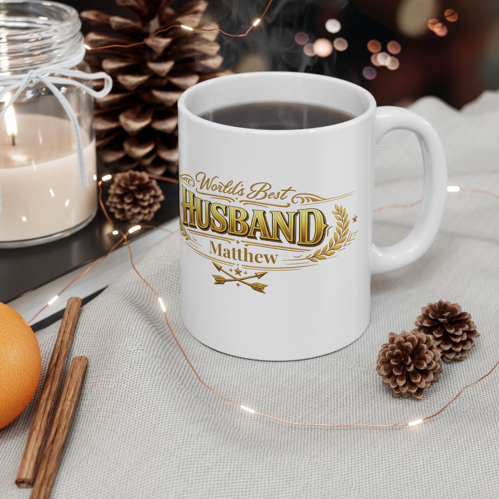 Personalized husband mug on a morning table — anniversary or Valentine's Day gift for him